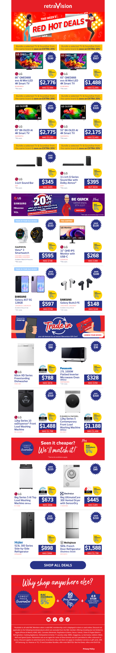 Save hundreds on LG TVs, Samsung Soundbars, Westinghouse Fridges & heaps more!