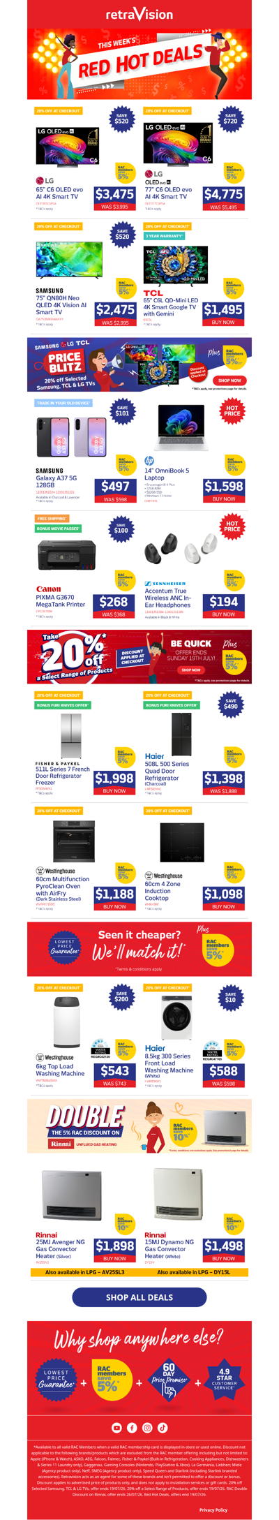 Shop savings on LG TVs, Samsung Smartphones, Westinghouse Ovens & heaps more!
