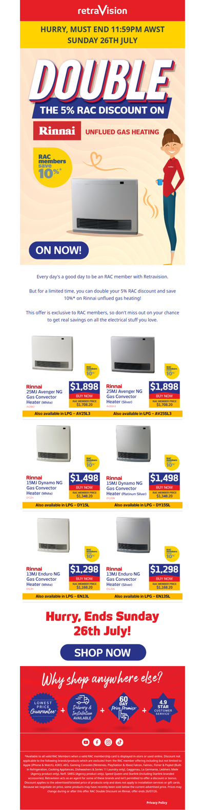 ENDS SOON: 10% off Rinnai gas heating for RAC Members!