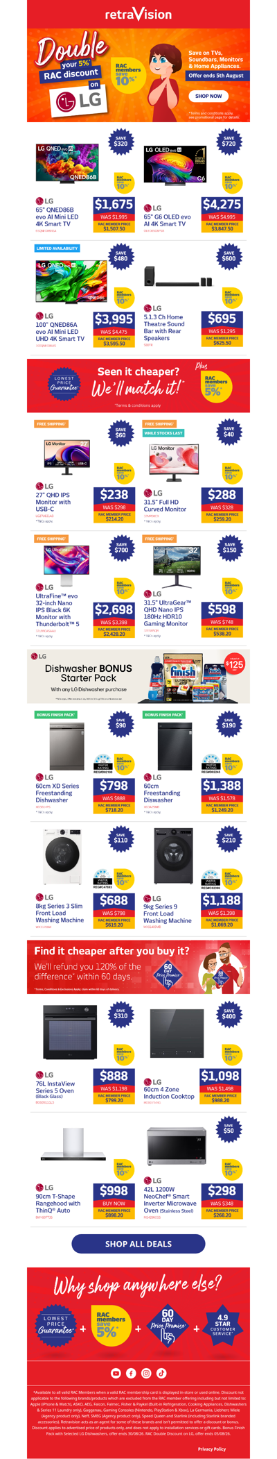 RAC Members, double your 5% discount on LG TVs, monitors, dishwashers, ovens and more!