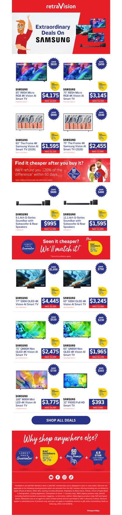 Shop extraordinary savings on selected Samsung OLED, QLED and Micro RGB TVs!