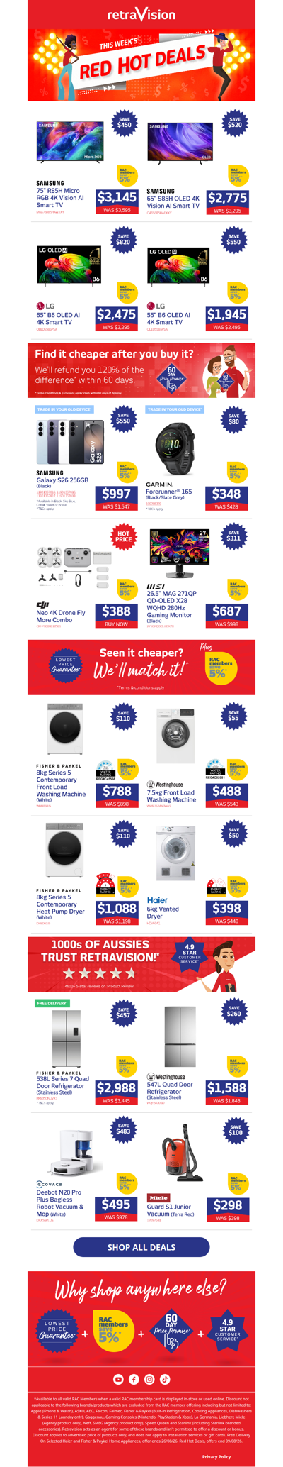 Save hundreds on Samsung TVs, DJI Drones, Westinghouse Fridges & heaps more!