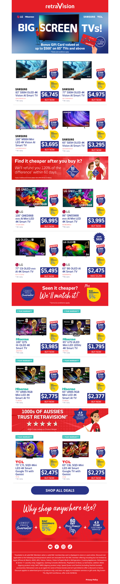 Get a gift card valued up to $500* with select Big Screen TVs!