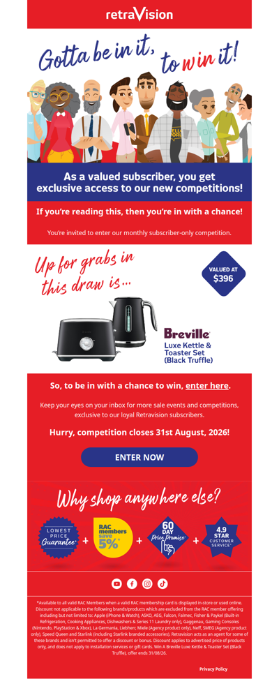 This month's subscriber prize: Breville Luxe Kettle & Toaster Set (Black Truffle) valued at $396!