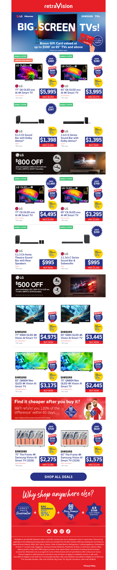 Big screen TVs and bonus Retravision gift cards just for you!