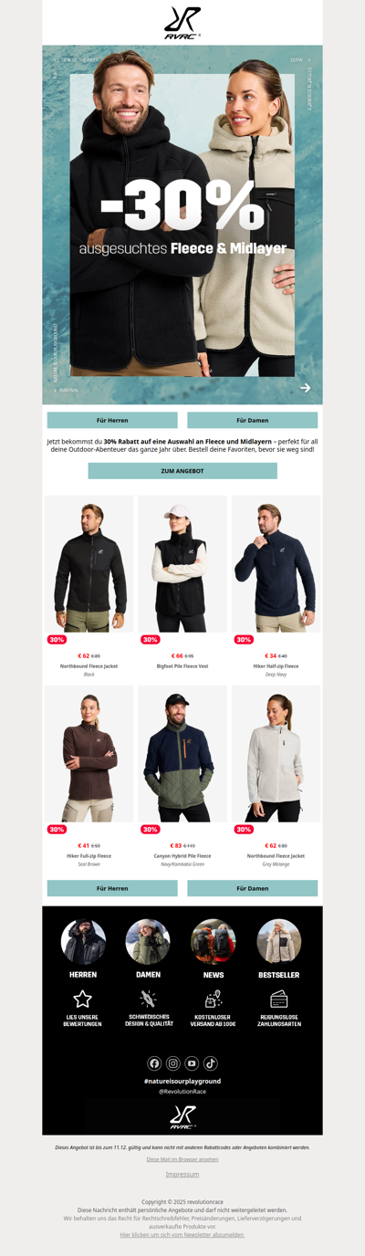 30% Rabatt auf Fleece & Midlayer! 🌟