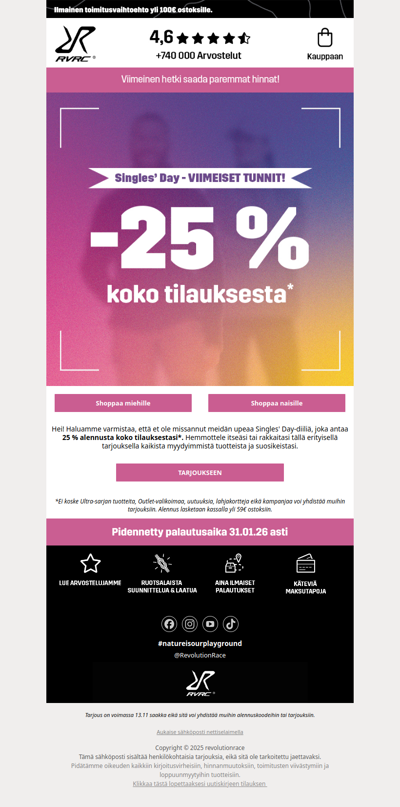 Viimeiset tunnit: 25 % alennus kaikesta* ⏰
