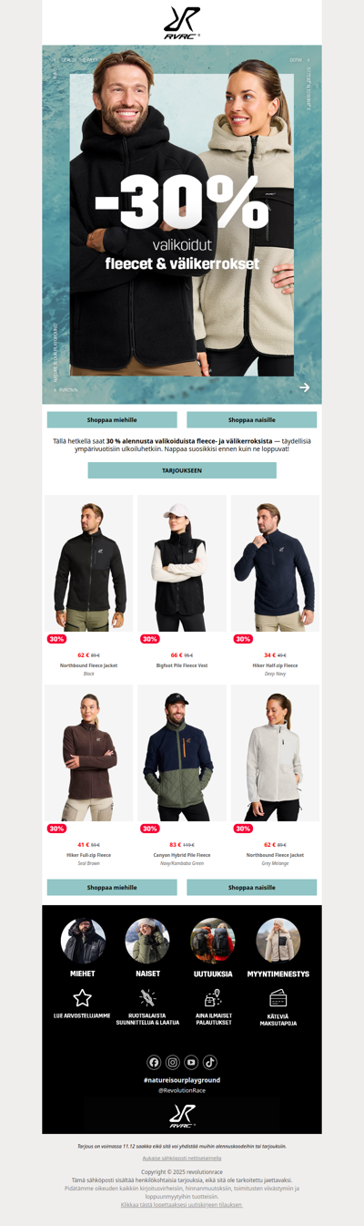 30 % alennus fleecetuotteista ja välikerroksista! 🌟