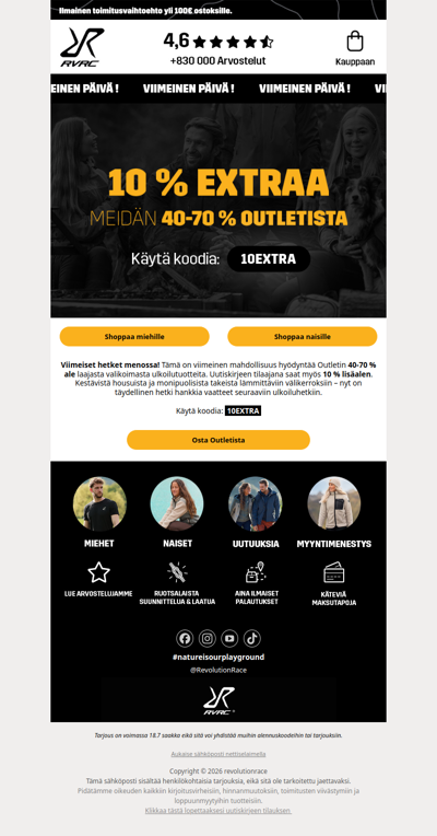 ⏳ Viimeinen mahdollisuus: Extra 10 % ale meidän 40-70 % outletista!