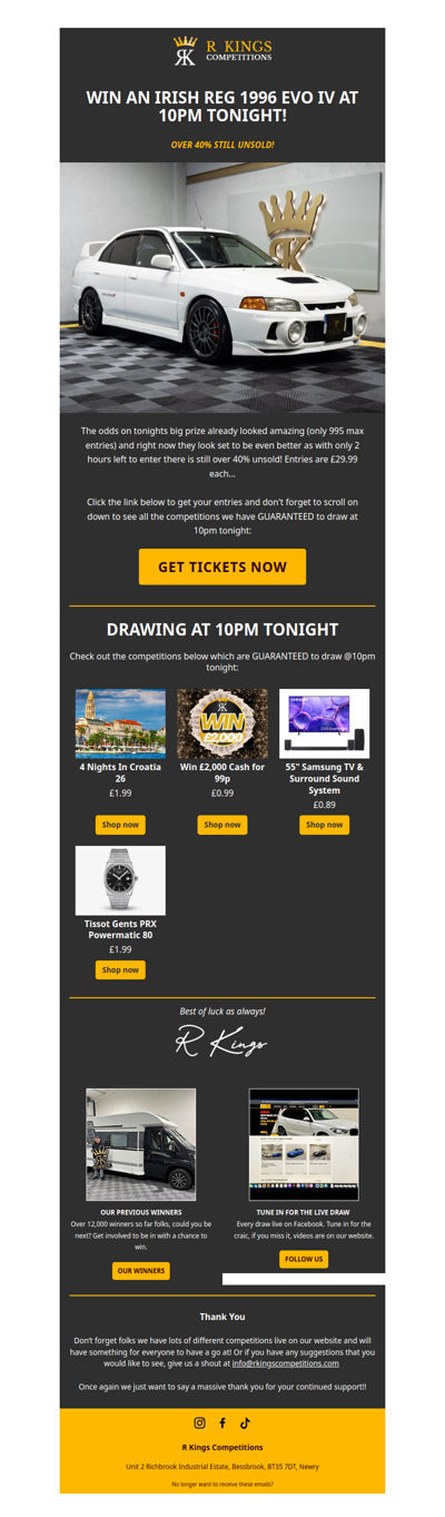 LOW ODDS IRISH REG EVO IV DRAWING AT 10PM TONIGHT!