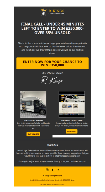 FINAL CALL - 45 MINUTES LEFT TO ENTER!