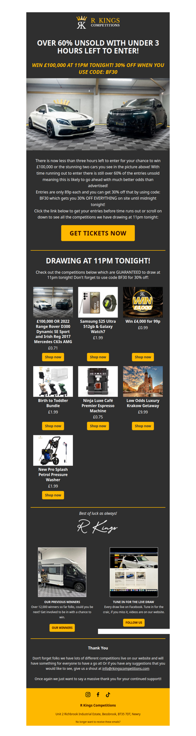 £100,000 DRAWS @11PM & OVER 60% STILL UNSOLD!