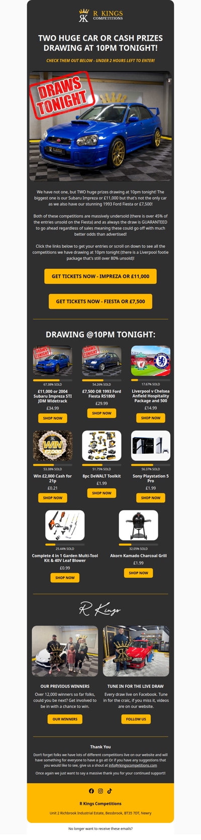 TWO CAR OR CASH PRIZES DRAWING @10PM!