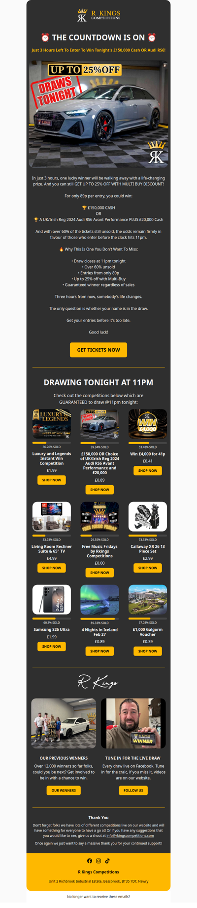 🚨 JUST 3 HOURS LEFT TO WIN £150,000 OR AN RS6 + £20,000