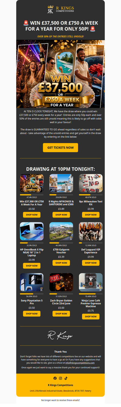 OVER 50% STILL UNSOLD - WIN £37,500 FOR 50P!