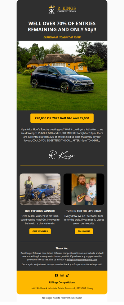 £20,000 OR GOLF GTD DRAWING TONIGHT AT 10PM
