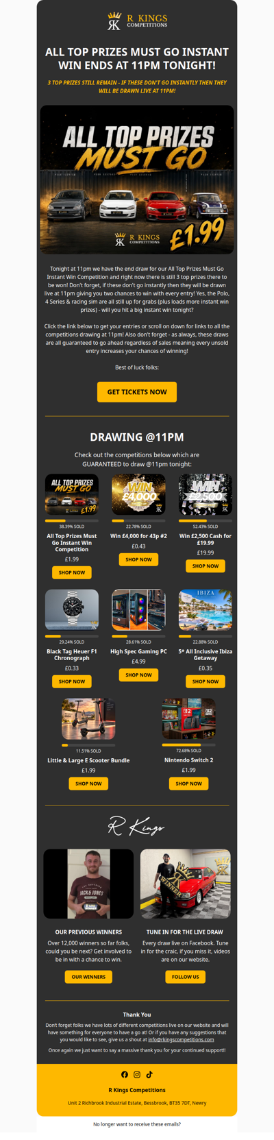 All Top Prizes Must Go Ends Tonight!