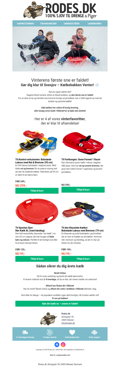 Den første sne er landet - vi har kælken til dig!