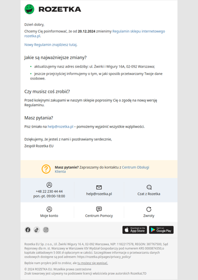 Zmiana Regulaminu sklepu Rozetka.pl od 20.12.2024