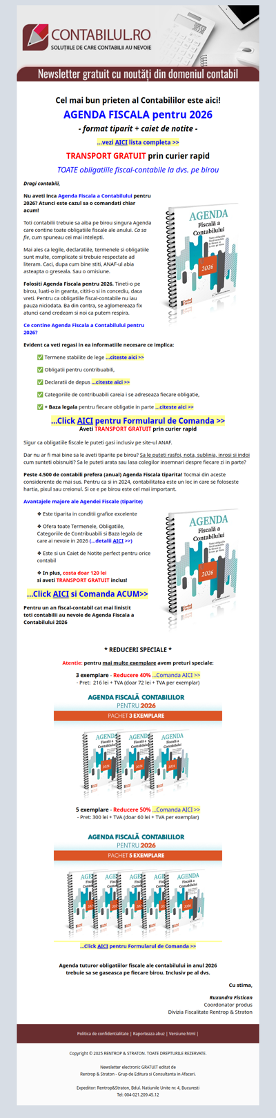 CONTABILI: a aparut Agenda FISCALA pentru 2026: format tiparit + caiet de notite