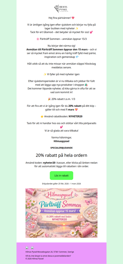 Anmälan till Pärlträff Sommen öppnar 15/3 + 20% rabatt till 1/3