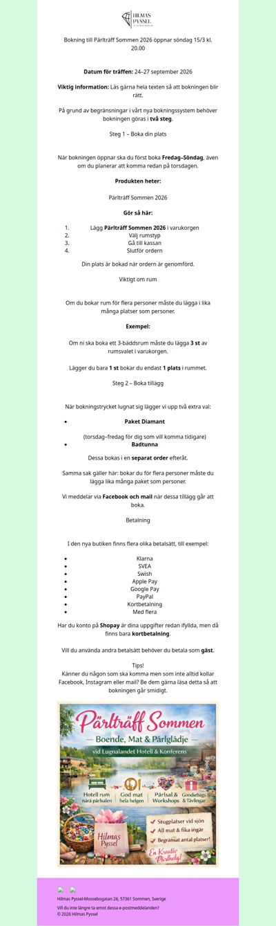Bokning till Pärlträff Sommen 2026