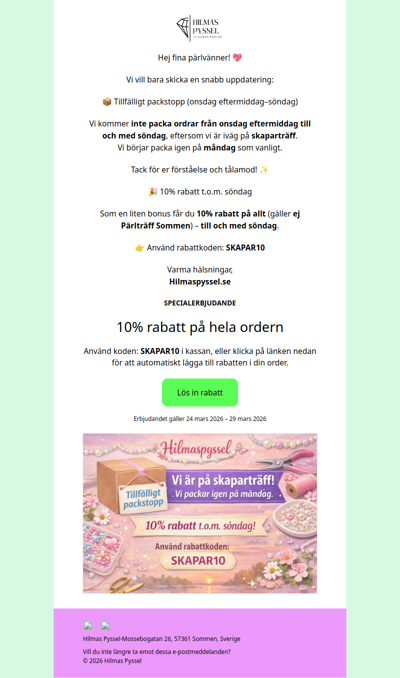 Vi är på skaparträff – packar igen på måndag + 10% rabatt t.o.m. söndag