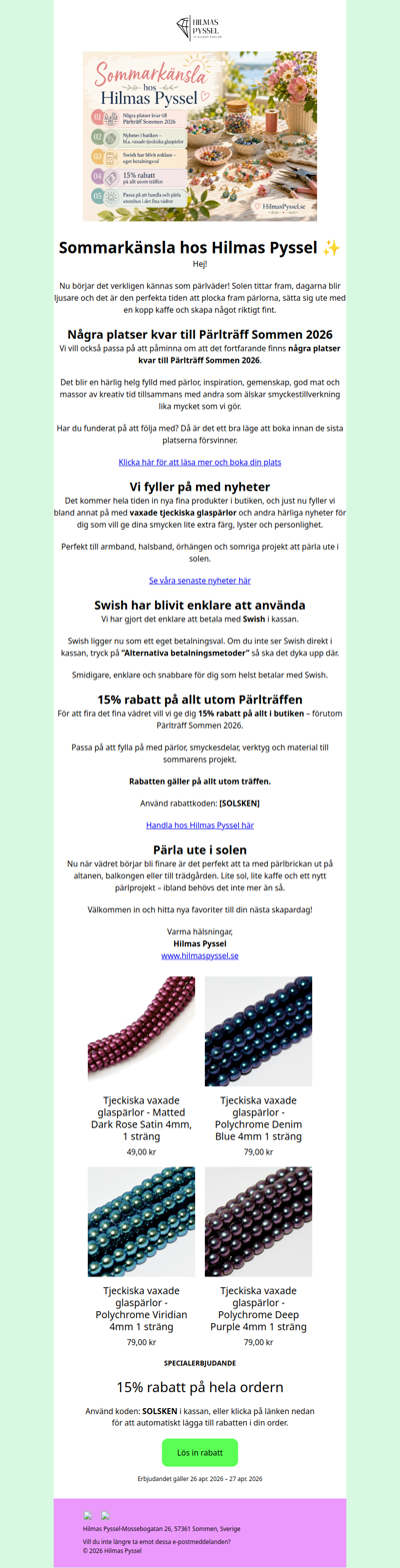 Nya pärlor, enklare Swish och 15% rabatt på nästan allt!
