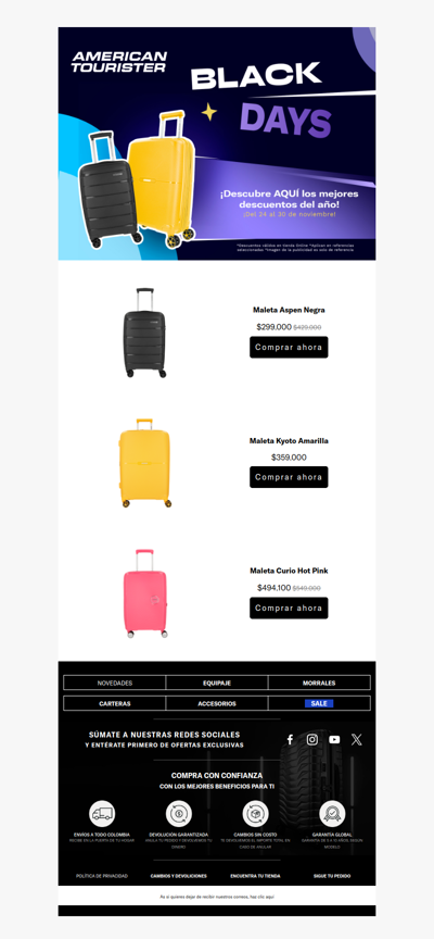 Maletas de viaje desde $299.000 en black days American Tourister