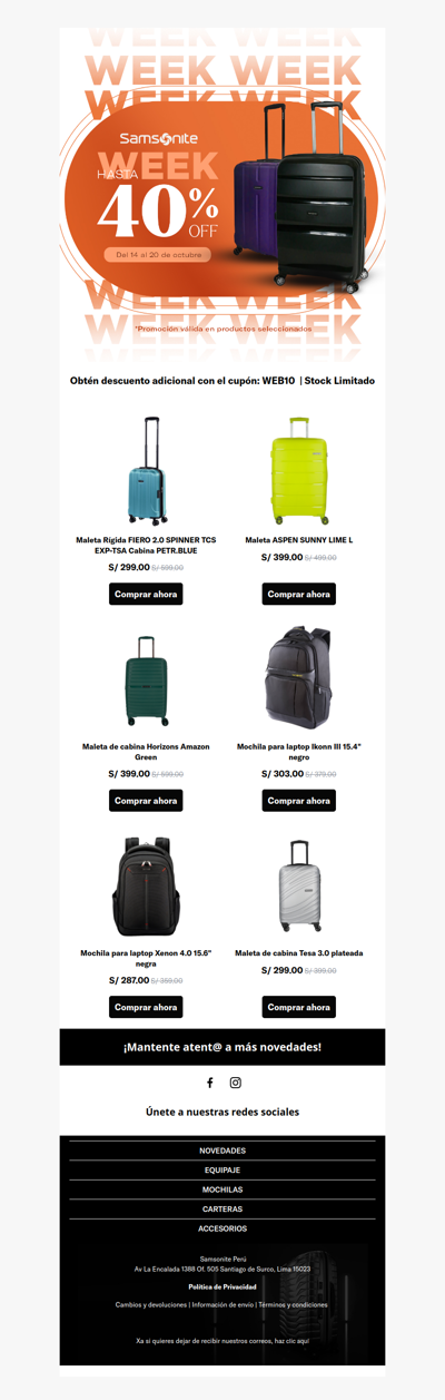 xa  ¡Samsonite Week!  Hasta 40% + 10% Cupón: WEB10  🤩