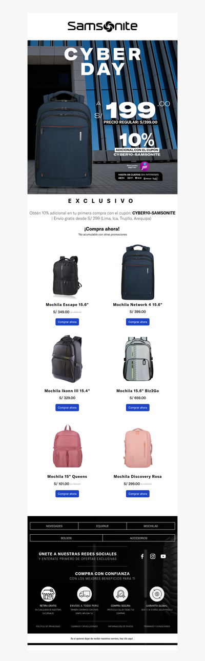 xa 🎒  Mochilas Samsonite ¡CYBER DAY 50%! Funcional y con Estilo.