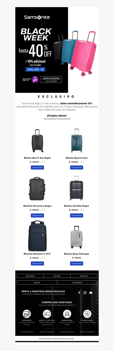 xa 🔥 ¡Llegó! Black Week Samsonite. - 50% off  +  Dscto Exclusivos Online 🧳🎒