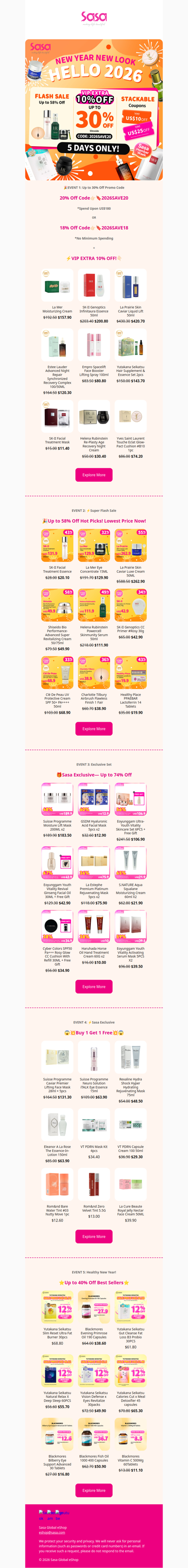 ⭐VIP EXTRA 10% OFF!⭐Hello 2026 X Sasa Member Week! Up to 30% Off Sitewide. Use Code: 2026SAVE18 / 2026SAVE20!🔖 Now is the best time to shop!