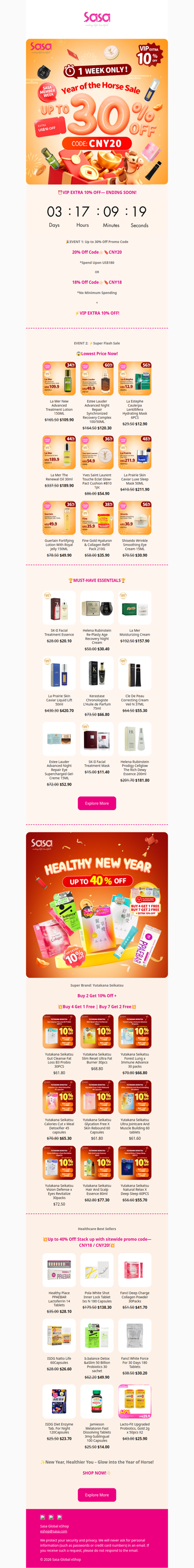 ⚡3 DAYS LEFT— VIP EXTRA 10% OFF!⭐🧧CNY Sale X Sasa Member Week Ending Soon! Up to 30% Off Sitewide🧧 Yutakana Seikatsu Super Sale! Up to 40% Off Best Selling Healthcare!