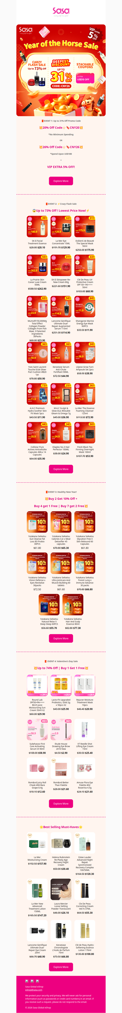 🧧Sasa CNY Mega Sale is Here! Up to 31% Off Sitewide!🧧 Use Promo Code: CNY20/ CNY26 +VIP Extra 5% Off!!⚡CNY Crazy Flash Sale Up to 73% Off!😱 SHOP NOW!