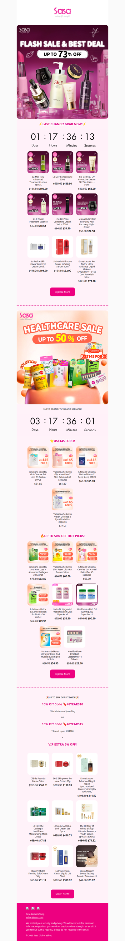 ⚡HURRY! 2 DAYS LEFT! ⚡ Up to 73% Off Crazy Flash Sale is Ending😱📢 Shop La Mer and SK-II Hot Picks Now!✨ Super Brand: Yutakana Seikatsu on Sale— from anti-hair loss to collagen-boosting!🌿