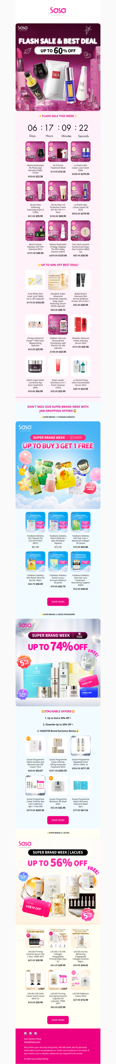 ⚡FLASH SALE THIS WEEK— UP TO 60% OFF😱 HR, La Prairie and YSL hot picks are on the list! ⭐Super Brand Week is here: Suisse Programme | Yutakana Seikatsu | Lacues —Up to 74% Off!⭐