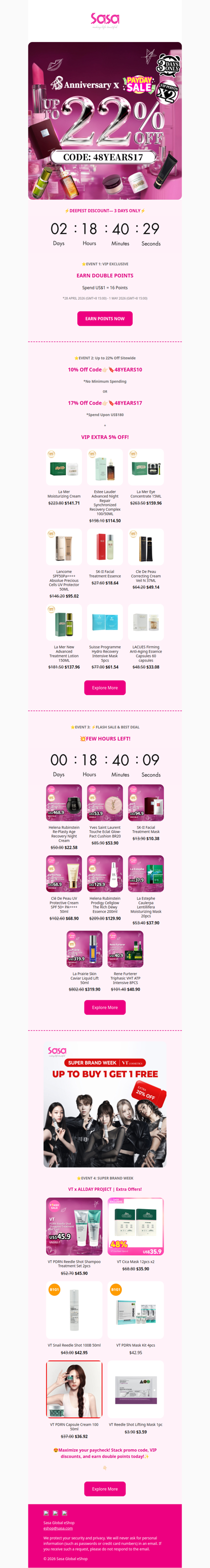 💥DEEPEST DISCOUNT—3 DAYS ONLY ! 💥 Sasa 48th Anniversary x PAYDAY SALE: Up to 22% Off Sitewide! 💵VIP GET DOUBLE POINTS NOW!😍