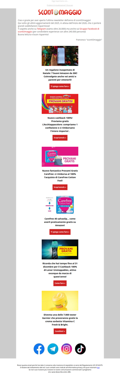 Cashback di Capodanno: rimborso 100% Carefree e L'Acchiappacolore