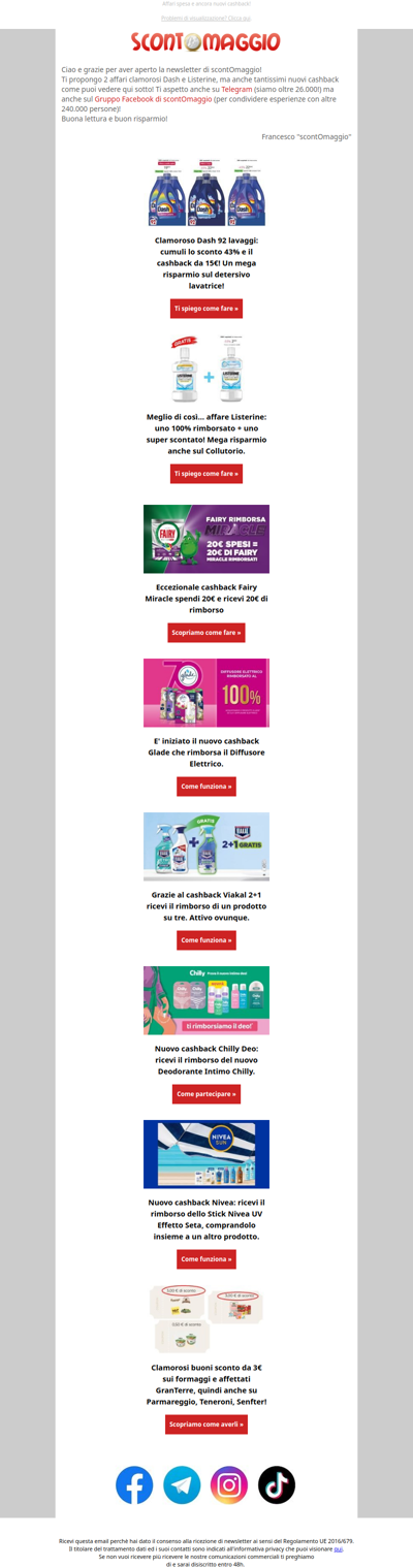 Clamoroso affare Dash e Listerine; nuovi cashback Fairy, Viakal, Chilly, Nivea