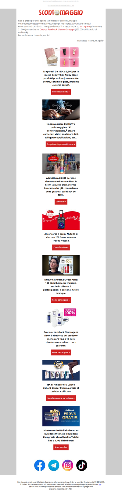 Per voi 20.000 Pantene, cassa Nutella, cashback L'Oreal, Collant e Neutrogena