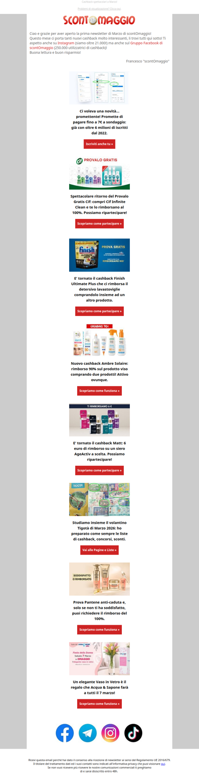 Spesa a 0 con i cashback Cif, Finish, Ambre Solaire, Matt e volantino Tigotà