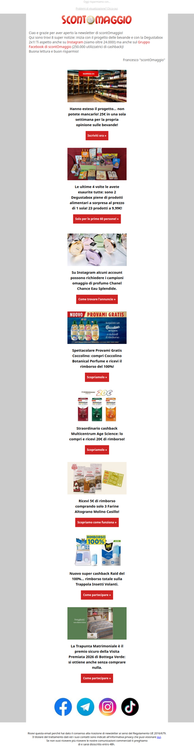 Richiedi campioni Chanel; progetto Bevande; rimborsi Coccolino e Multicentrum