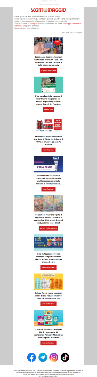 Più di 10 nuovi Cashback a Luglio: Bilboa, Oral-B, WC Net, Hype, Old Spice, Pampers