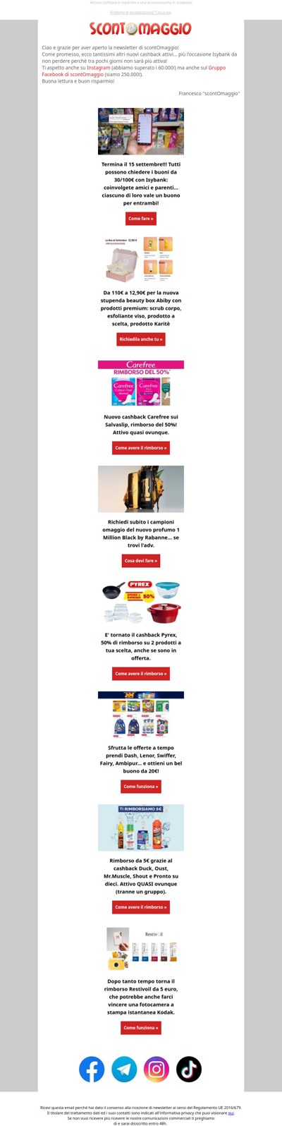 Richiedi il campione Rabanne più cashback Carefree, Pyrex, Duck, Restivoil