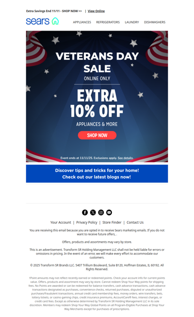 Veterans Day Sale! Act fast! Extra 10% off appliances & more ends 11/11!