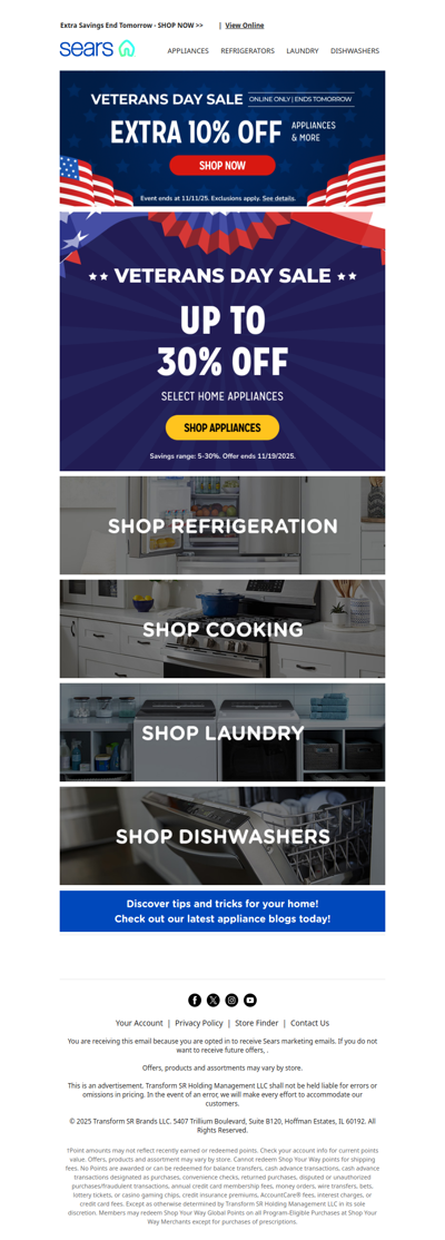 Celebrate Veterans Day with extra 10% savings on appliances & more! Hurry, offer ends tomorrow!