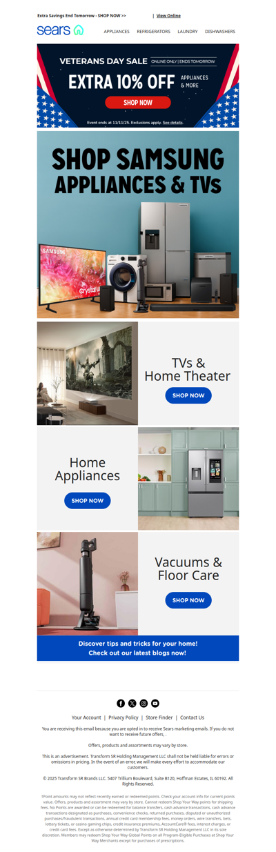 Don't miss our Veterans Day Sale! Extra 10% off appliances & more, plus check out our Samsung products