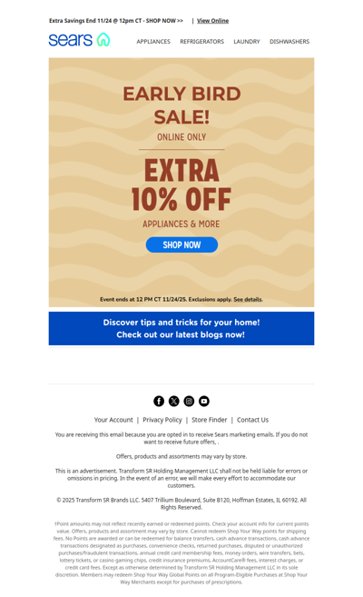 🌅 Rise & Shine! Early Bird Sale is here! 🏠✨ Save an extra 10% off appliances & more