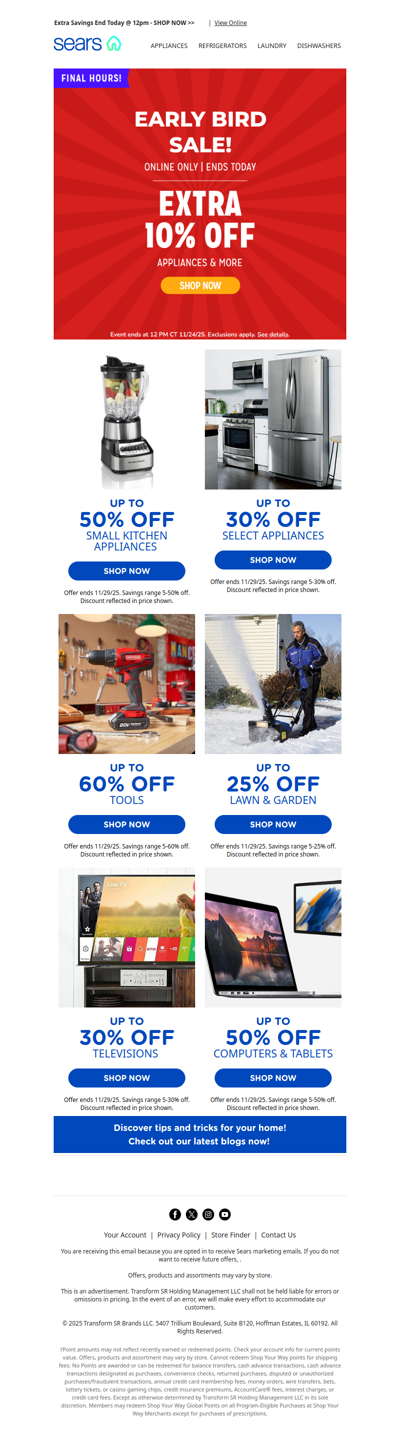 🚨 Last chance for the Early Bird Sale! 🕛 Extra 10% off appliances ends today @ 12pm CT